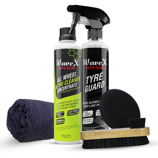 TYRE GUARD 350ML, TYRE AND WHEEL CLEANER 350ML, CLEANING BRUSH, MICROFIBER CLOTH AND FOAM APPLICATOR