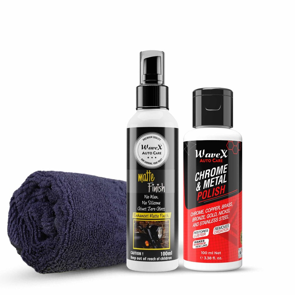 METAL POLISH 100ML, MATTE FINISH 100ML, MICROFIBER CLOTH 350 GSM (40 CM X 40 CM) COMBO