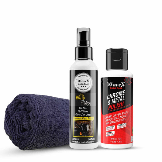 METAL POLISH 100ML, MATTE FINISH 100ML, MICROFIBER CLOTH 350 GSM (40 CM X 40 CM) COMBO